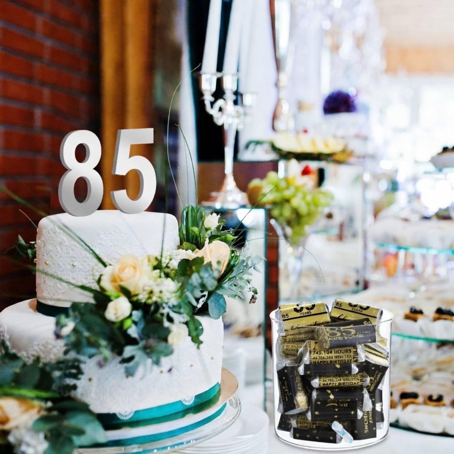 Tenare 90 Pcs 85th Birthday Candy Wrappers, Black and Gold Stickers