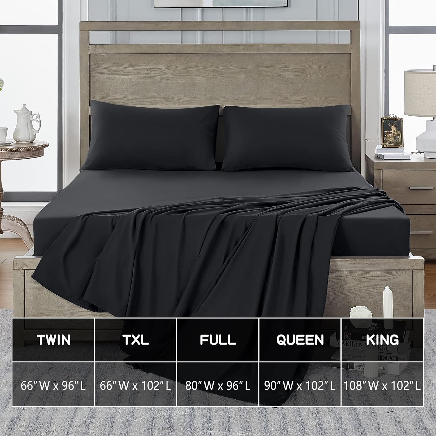 FreshCulture Queen Flat Sheet - Brushed Microfiber Top Sheet - Ultra Soft & Breathable - Wrinkle-Free - Easy Care - Queen, Black