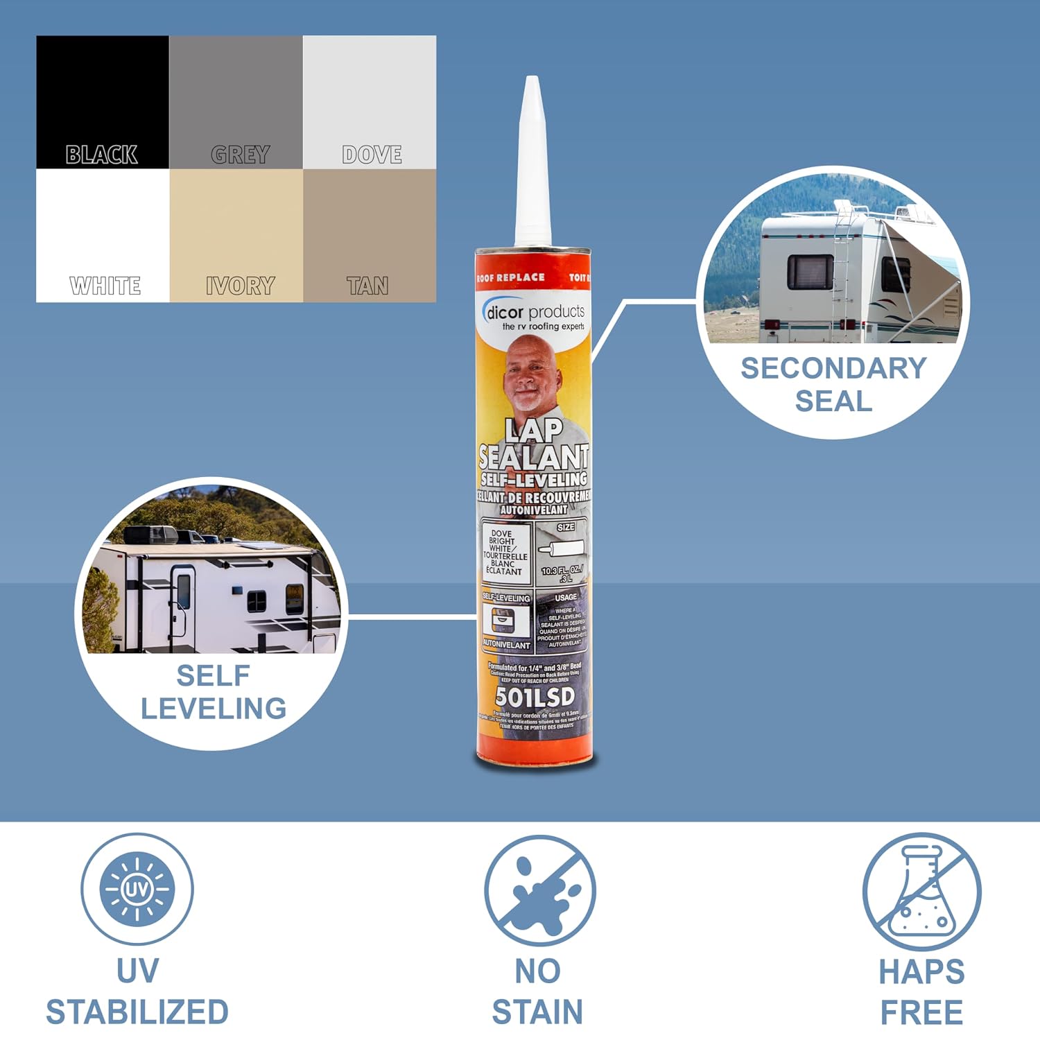Dicor 501LSD-1 Self-Leveling Lap Sealant, Dove White, 10.3 Oz