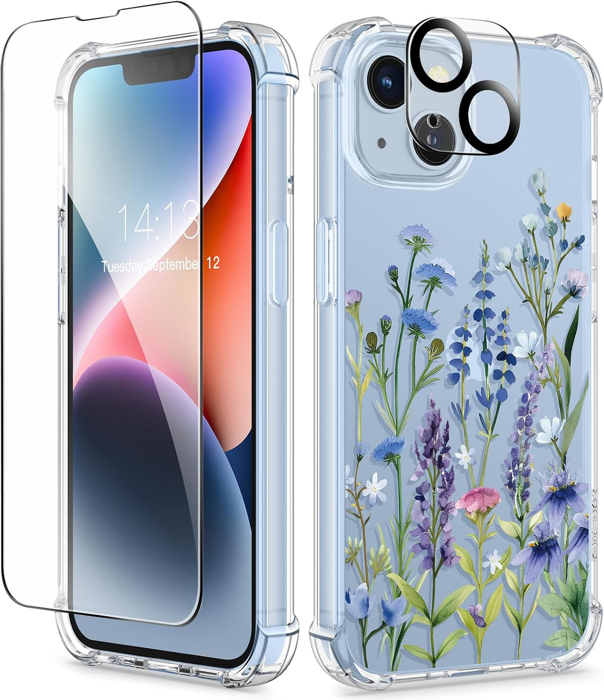GVIEWIN for iPhone 14 Case Floral, Screen Protector & Camera Lens Protector