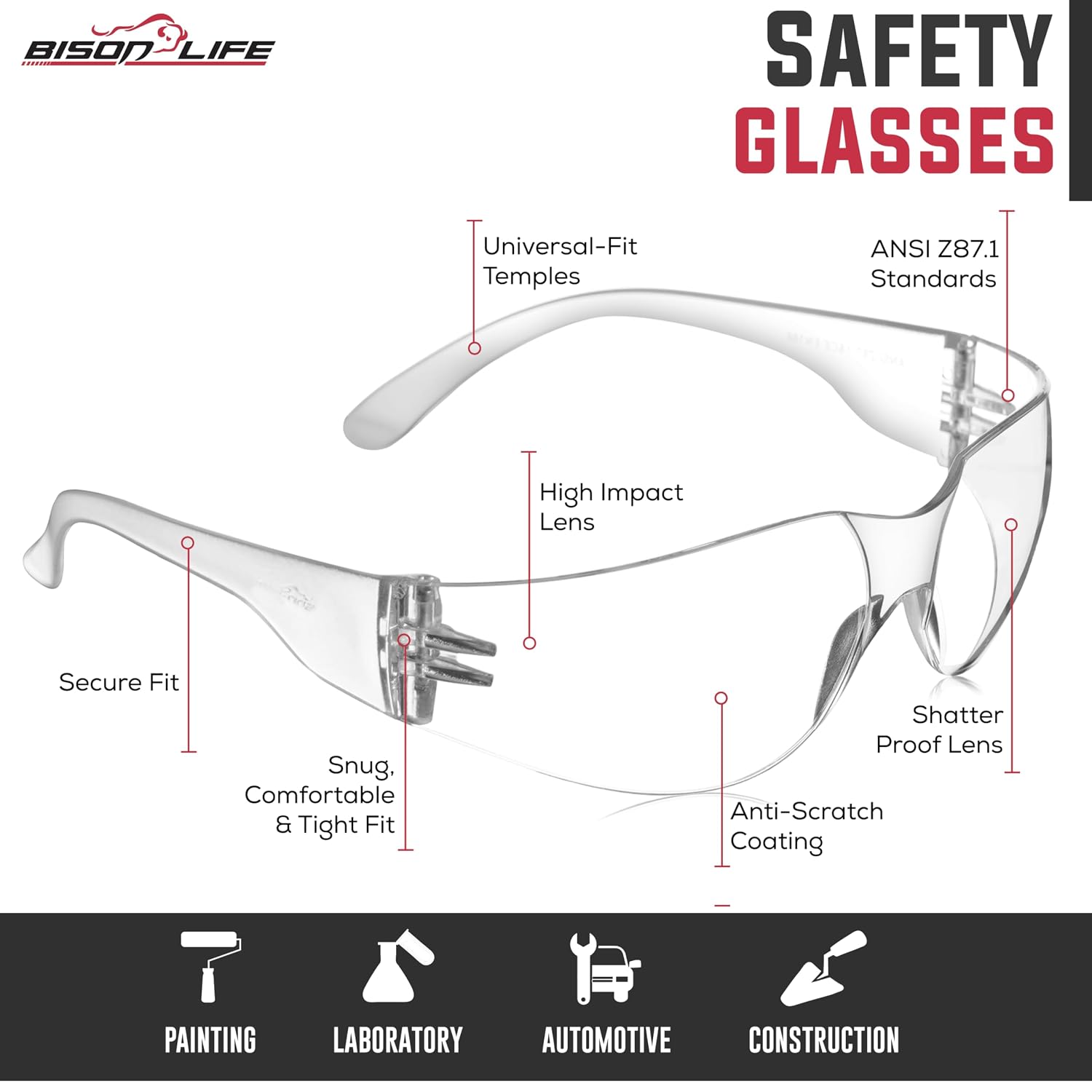 BISON LIFE Clear Safety Glasses for Men & Women, ANSI Z87.1 Certified,12Pk