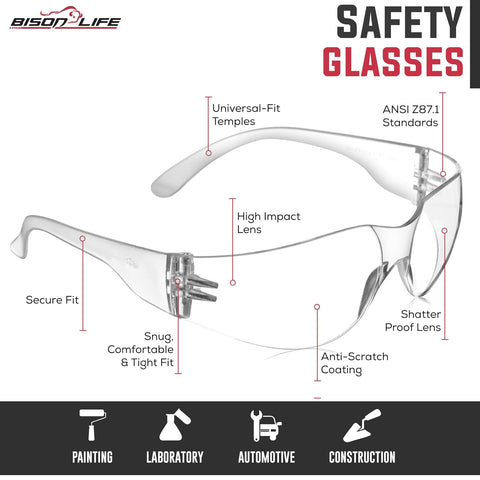 BISON LIFE Clear Safety Glasses for Men & Women, ANSI Z87.1 Certified,12Pk