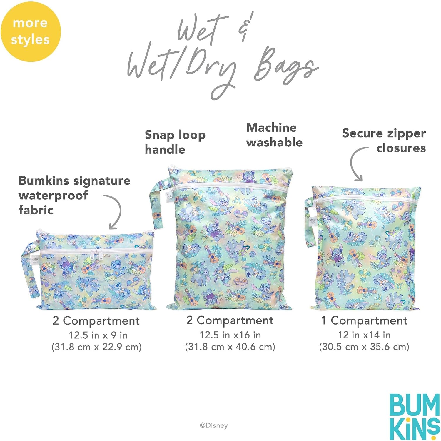 Bumkins - Disney - Waterproof Wet Bag - For Baby, Travel, Swim Suit, Cloth Diapers, Pump Parts, Pool, Gym, Toiletry, Strap to Stroller - Reusable & Easy to Clean - 2pk - Winnie & Friends
