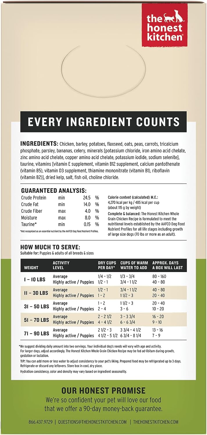 The Honest Kitchen Wholemade Whole Grain Chicken Recipe, Human Grade Dehydrated Dog Food, Just Add Water, Supports Digestion, Skin & Coat, Topper for Dry or Wet Dog Food, 10 lb Box Makes 40 lbs