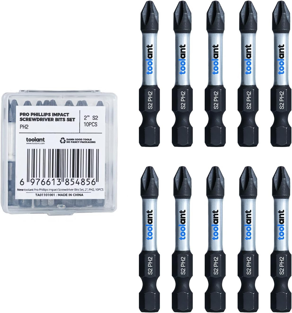 toolant PH2 Phillips Impact Bit Set, 2 Inch, 10-Piece, Magnetic