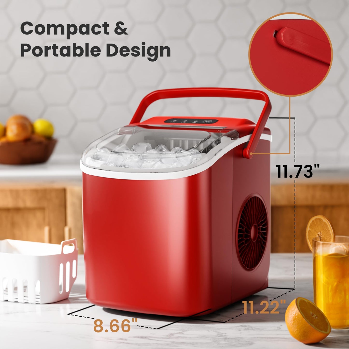 Countertop Portable Ice Maker Machine with Handle, 9 Bullet-Shaped Ice Cubes Ready in 6 Mins, 26Lbs/24H, Self-Cleaning Function with Ice Scoop and Basket for Home/Kitchen/Party (Red)