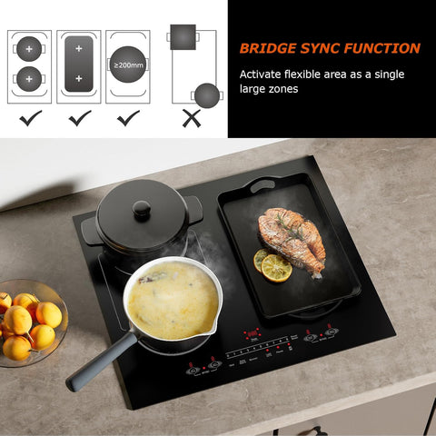 24 Inch Induction Cooktop 4 Burners, Flat Glass Top Electric Stove with Bridge-SYNC, 3 Preset Modes Booster, Timer, Pause, Child Lock, Drop in, 208~240V/40A, Black