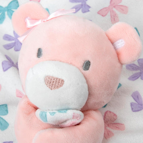 Baby Essentials Minky Animal Snuggler Lovey Blanket for Kids, Babies, Girls Security Blanket with Stuffed Animal (Pastel Bows Bear)
