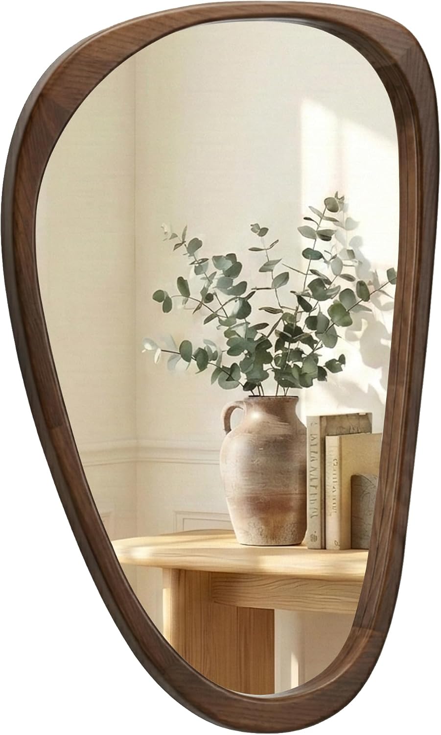 Solid Wood 30"x20" Dark Walnut Organic Irregular Wall Mirror Decor