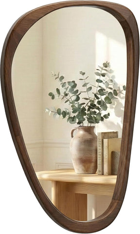 Solid Wood 30"x20" Dark Walnut Organic Irregular Wall Mirror Decor