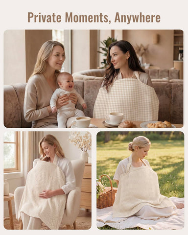 Blissful Diary Muslin Nursing Cover for Breastfeeding, Breathable Breastfeeding Cover up with Arch Neckline for Women, Nursing Apron (Beige Gingham)