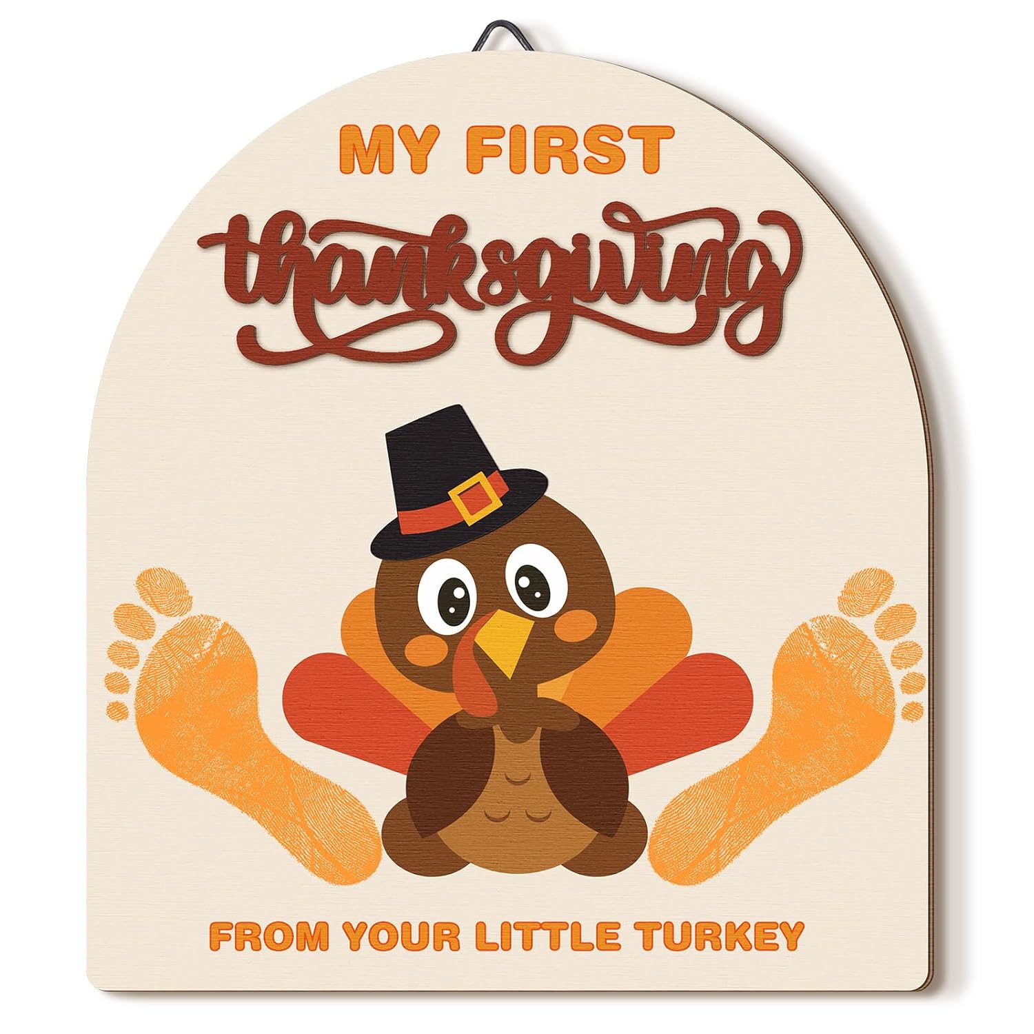 Beeveer Baby's First DIY Footprint Art Wooden Milestone Card Keepsake Little Boo Sign Nursery Decorative Ornaments for Baby Shower Newborn Photoshoot Prop (Thanksgiving Turkey)