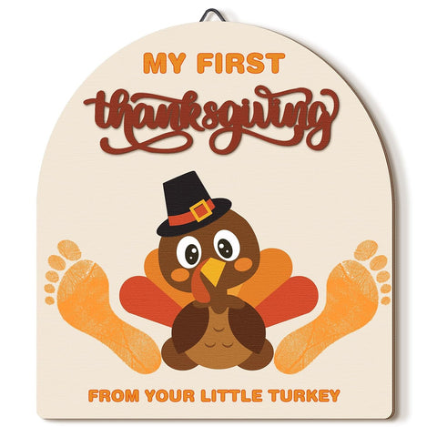 Beeveer Baby's First DIY Footprint Art Wooden Milestone Card Keepsake Little Boo Sign Nursery Decorative Ornaments for Baby Shower Newborn Photoshoot Prop (Thanksgiving Turkey)