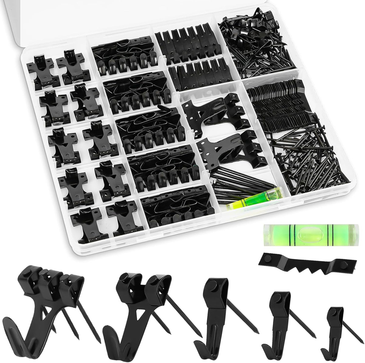 KURUI Picture Hangers, 385Pcs Picture Hanging Kit with Heavy Duty Picture Hanging Hooks, Sawtooth, Hardware Nails and Picture Hanging Tool, Wall Hangers for Frame, Painting, Art, Photo (Black)