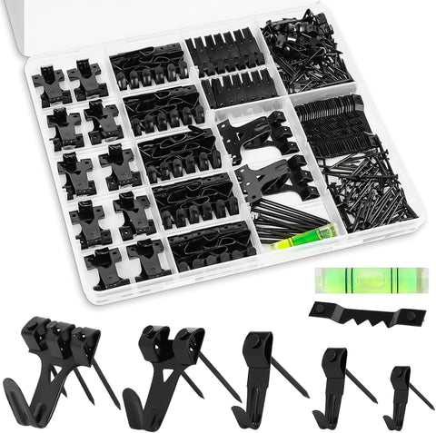 KURUI Picture Hangers, 385Pcs Picture Hanging Kit with Heavy Duty Picture Hanging Hooks, Sawtooth, Hardware Nails and Picture Hanging Tool, Wall Hangers for Frame, Painting, Art, Photo (Black)