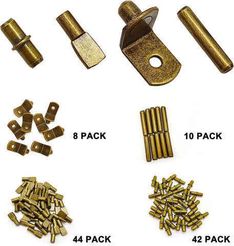 104Pcs Shelf Pins Pegs Kit,4 Styles Shelf Support Pegs,Bookshelf Pegs for Shelves,Cabinet Shelf Bracket Pegs Shelf Holders Pins for Kitchen Furniture & Closet (5mm & 1/4inch,Bronze Tone)