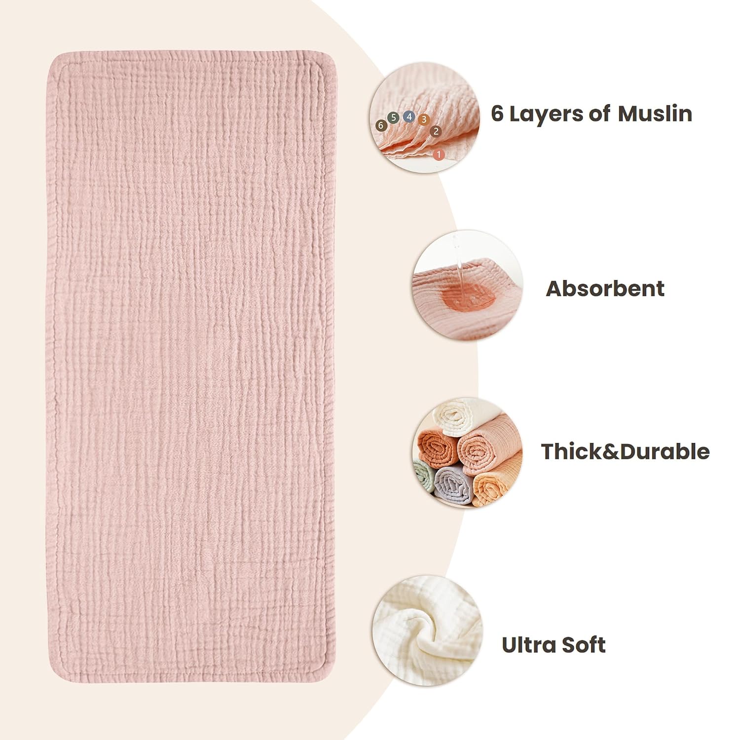 Konssy 6-Pack Thick Muslin Baby Burp Cloths, 6-Layer Ultra Soft Cotton