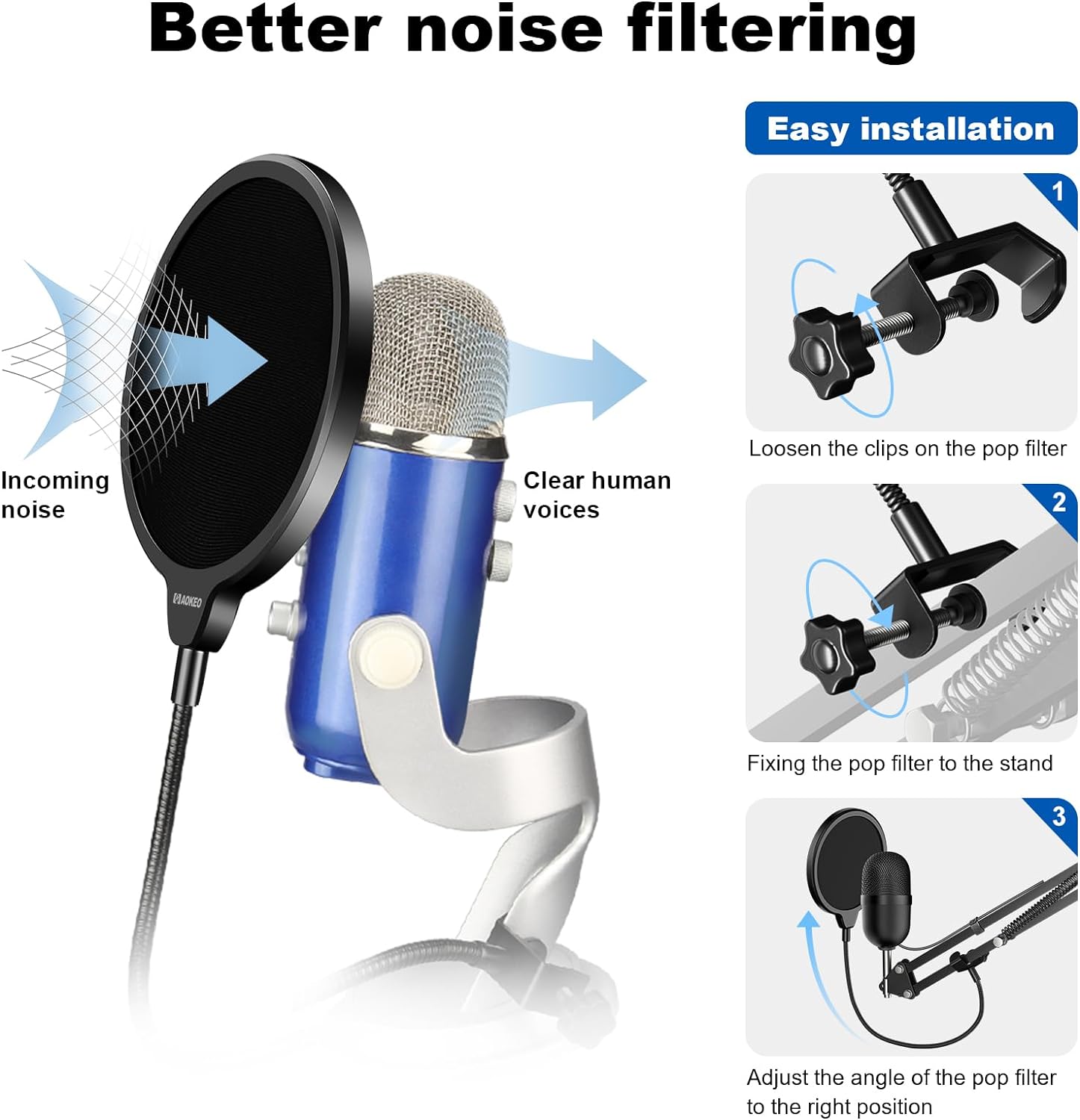 Aokeo Professional Microphone Pop Filter Mask Shield For Blue Yeti and Any Other Microphone,Mic Dual Layered Wind Pop Screen With Flexible 360° Gooseneck Clip Stabilizing Arm