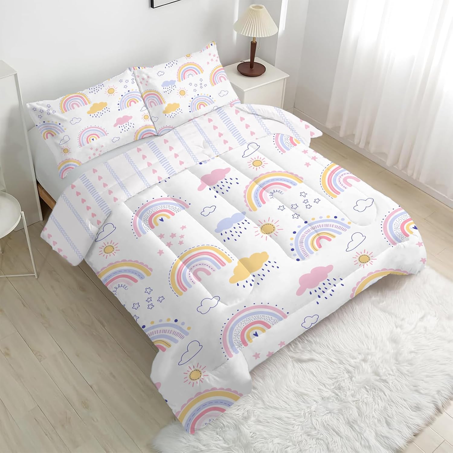 White Rainbow Comforter Twin XL/Twin Duvet Insert, Lightweight Stars Bedding Comforters for All Season, Soft Clouds Cute Bedding Set - 1 Reversible Twin Comforter + 2 Pillowcases