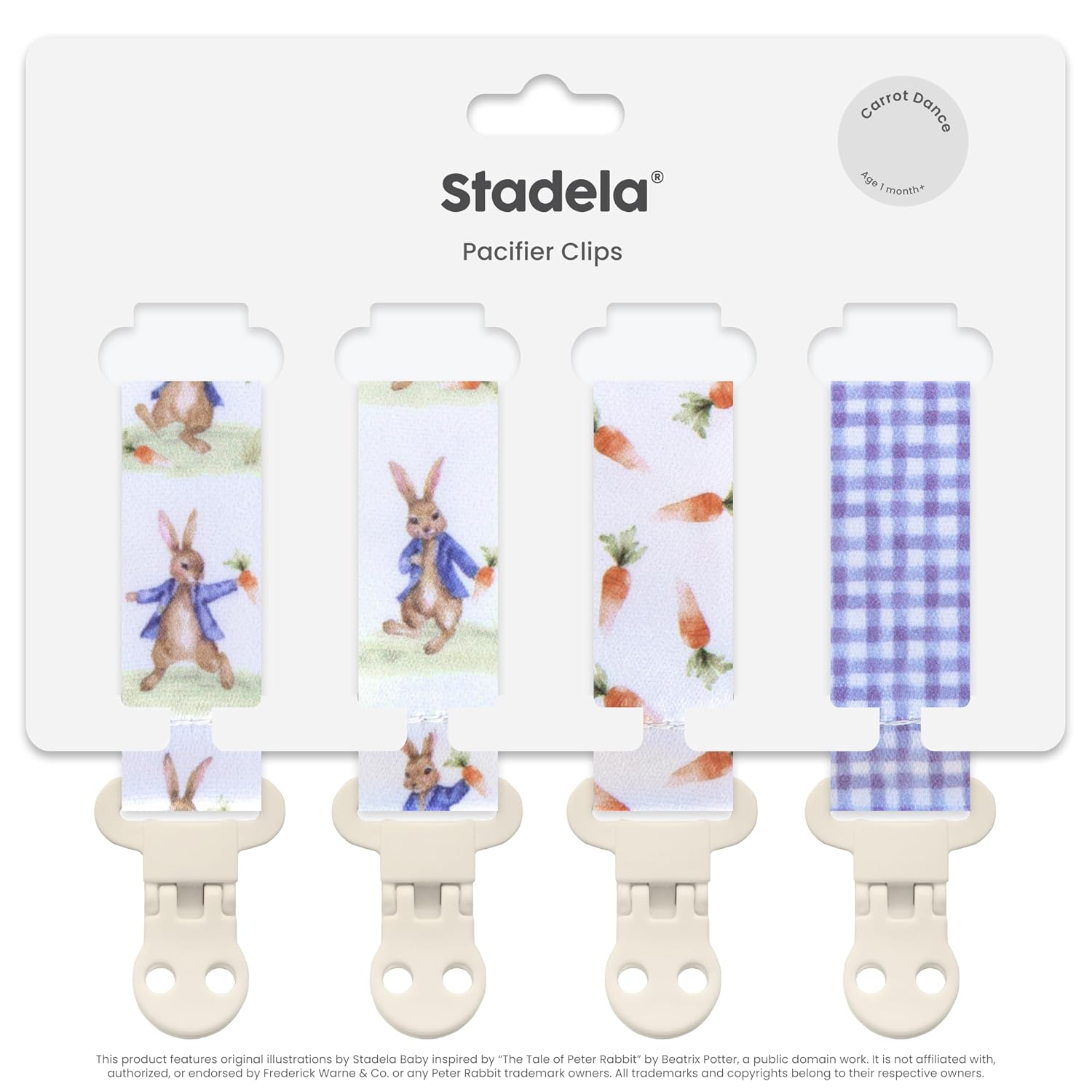 Stadela Baby Pacifier Clip Holder - Boy and Girl Unisex 4 Pack Gift Set – Neutral Vintage Rabbits and Carrots Beige Blue Brown Peter