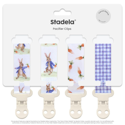 Stadela Baby Pacifier Clip Holder - Boy and Girl Unisex 4 Pack Gift Set – Neutral Vintage Rabbits and Carrots Beige Blue Brown Peter