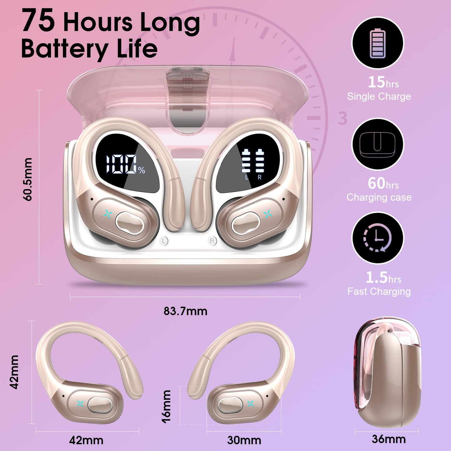 Aptkdoe Wireless Earbuds 75hrs Bluetooth 5.3 Headphone Sport, 2024 Bluetooth Earbuds Stereo Deep Bass Over Ear Bud with Earhooks, ENC Noise Cancelling Mic, IPX7 Waterproof Earphone Rose Gold