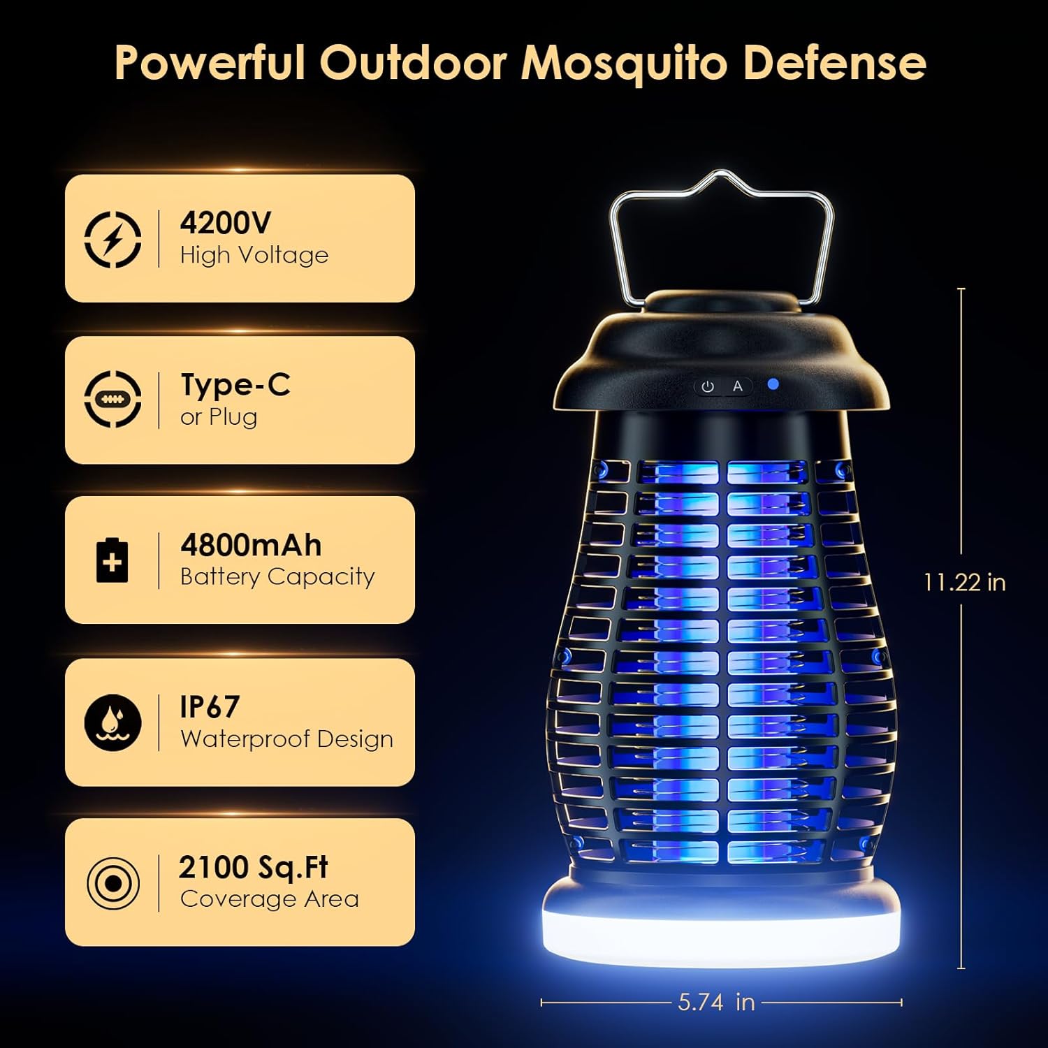 Cordless Bug Zapper Outdoor, 4200V Electric Mosquito Zapper, Fly Trap, Rechargeable Portable Fly Zapper, Waterproof Mosquito Trap Insect Killer Indoor Outdoor for Camping, Garden, Backyard, Home
