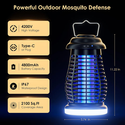 Cordless Bug Zapper Outdoor, 4200V Electric Mosquito Zapper, Fly Trap, Rechargeable Portable Fly Zapper, Waterproof Mosquito Trap Insect Killer Indoor Outdoor for Camping, Garden, Backyard, Home