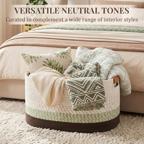 danpinera 108L Large Basket for Living Room, Nursery & Laundry, Kids Toy Basket Storage with Leather Handle, 25’’*16’’*16’’ White & Mottled Green