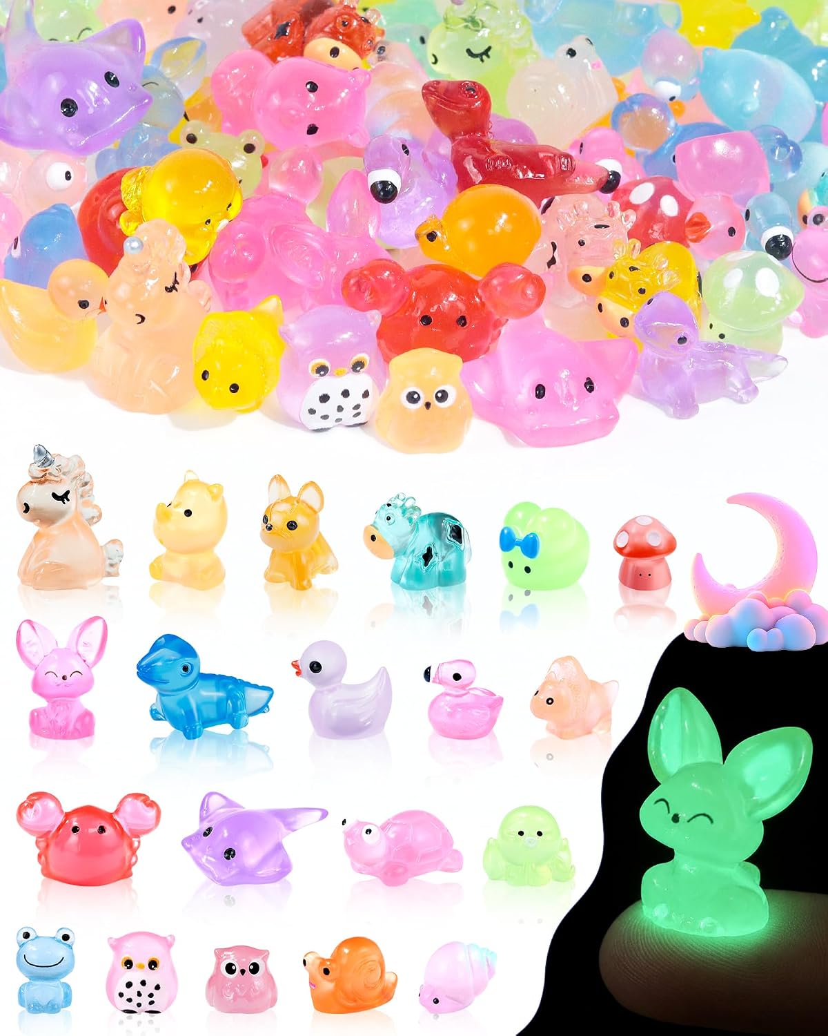 FIVEIZERO 100PCS Luminous Mini Resin Animals, 20 Styles Mini Resin Figures