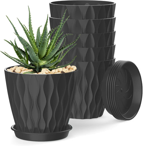 4 Inch Plant Pots, 6 Pack Indoor Flower Pots, Planters with Drainage Holes and Trays for Orchids, Violets, Succulents, Herbs, and Other Plants, Black