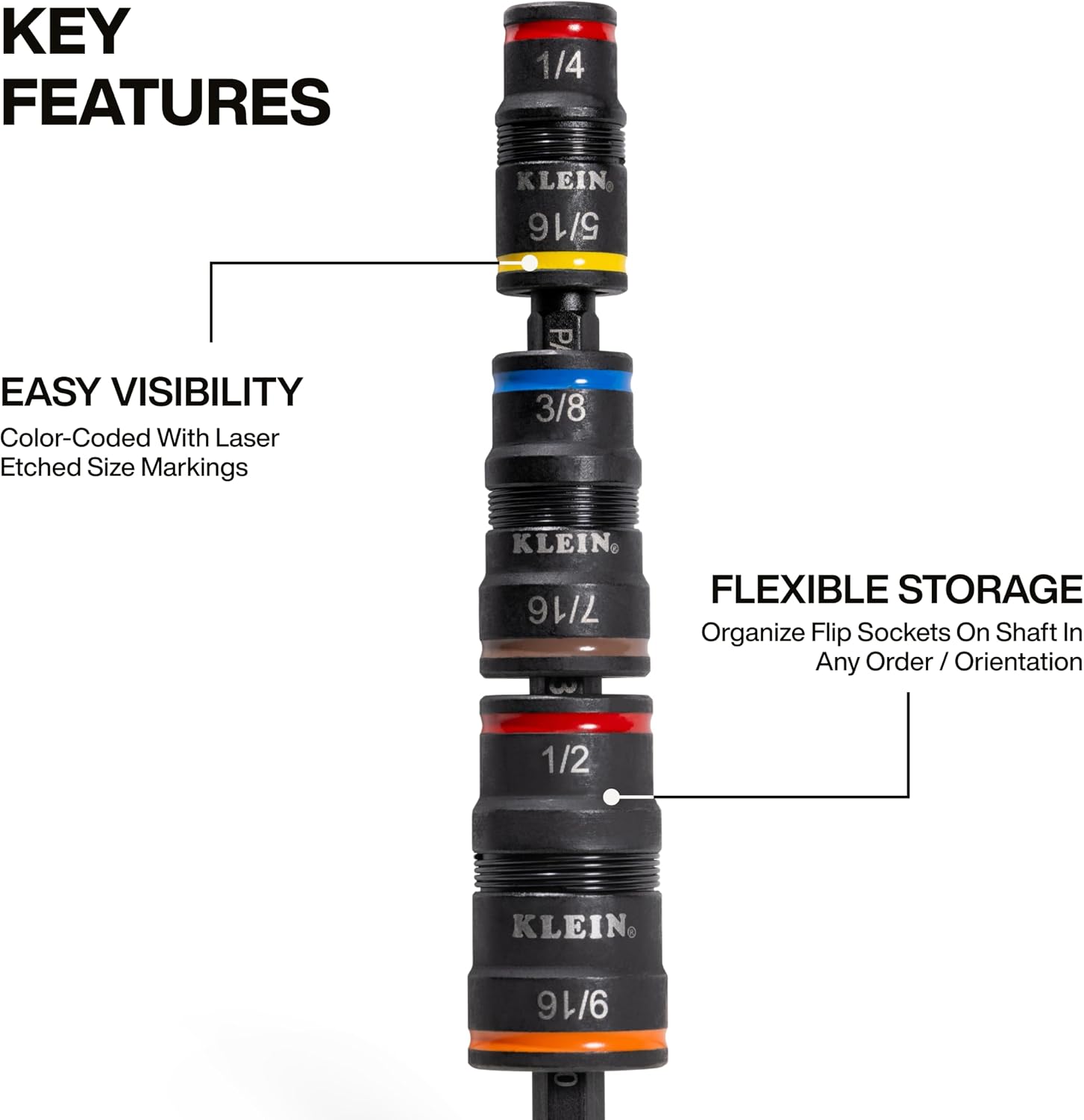 Klein Tools 32933 Klein Tools 32933 Impact Driver, SAE 7-in-1 Impact Rated Socket Set, 3 Flip Sockets with 6 Hex Driver Sizes and 1/4-Inch Bit Holder, 5-Inch Shaft
