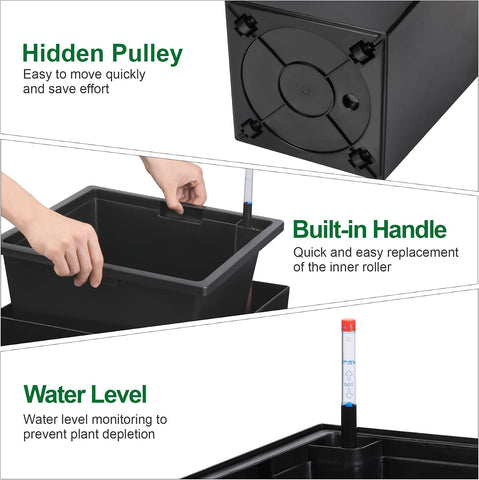 Garvee 30" Tall Planters Set of 2, Outdoor & Indoor Black Planter Pots, High Front Porch Planter Pots with Drainage Holes & Water Level Monitor & Inner Bucket, Black