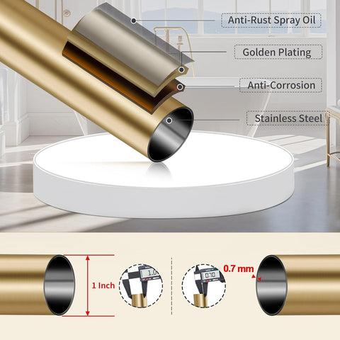 YNL Shower Curtain Rod 34-120 Inches, Adjustable Gold Shower Rod No Drilling, Non-Slip, Never Rust, Stainless Steel, Suitable for Bathroom Living Room, Gold