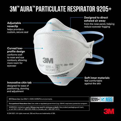 3M™ Aura™ N95 Particulate Respirator, 9205PH-20-DC, Pack of 20 Respirators