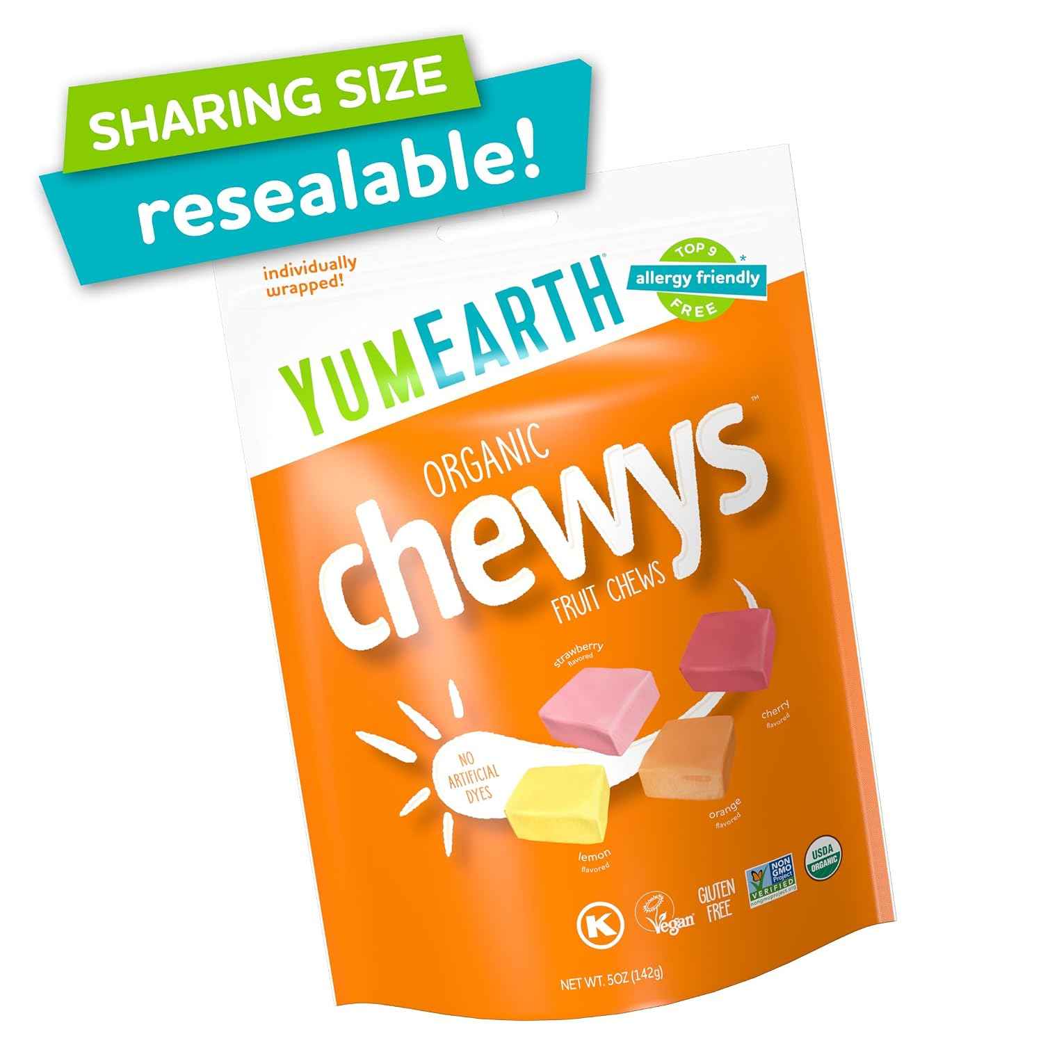 YumEarth Organic Fruit Chews - Fruit Flavored Candy Chews, No Dye, Allergy Friendly, Gluten Free, Non-GMO, Vegan Candy with No Artificial Dyes, 5 ounce (Pack of 6)
