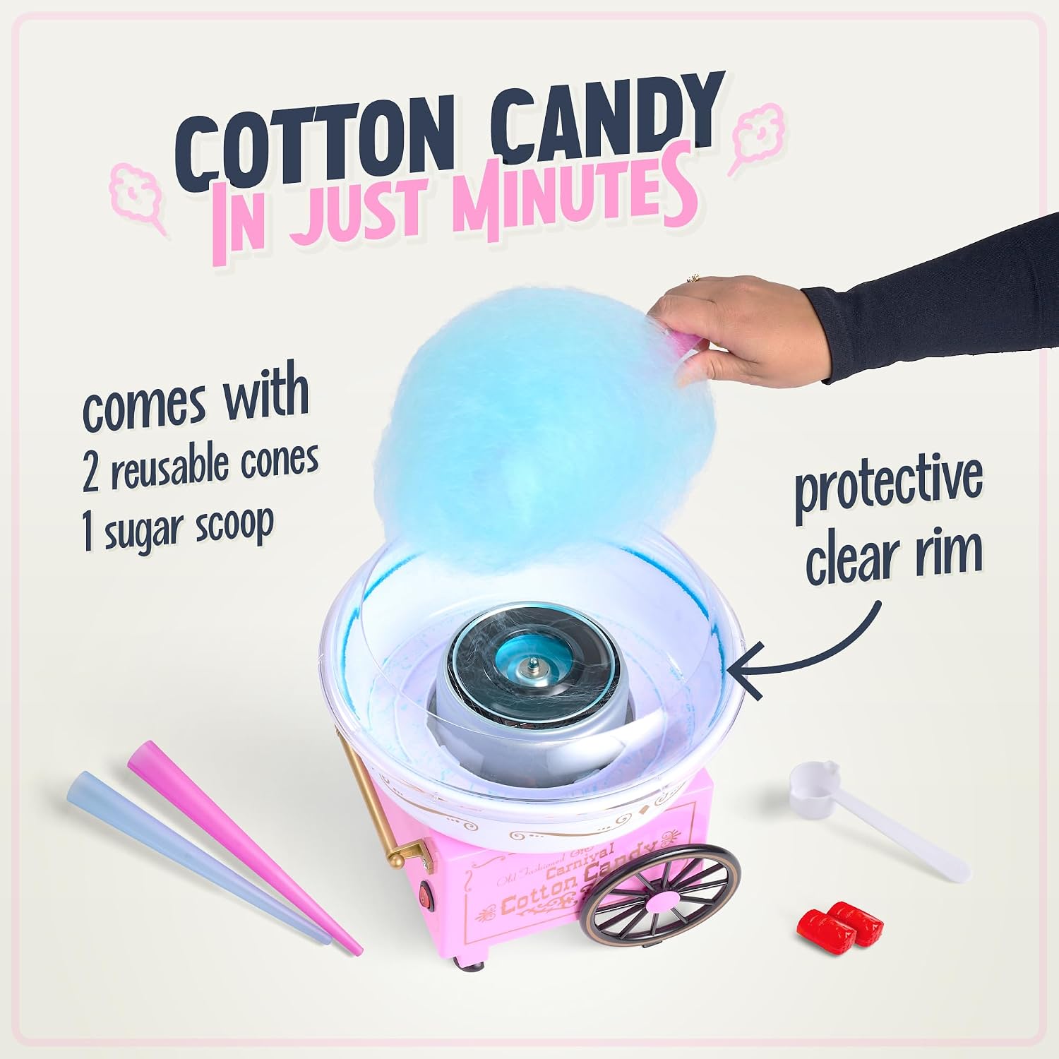 Nostalgia Vintage Cotton Candy Machine - Countertop Cotton Candy Maker With 2 Reusable Cones & 1 Sugar Scoop - Use Hard Candy or Sugar to Create Fluffy, Delicious Treats in Minutes-Pink
