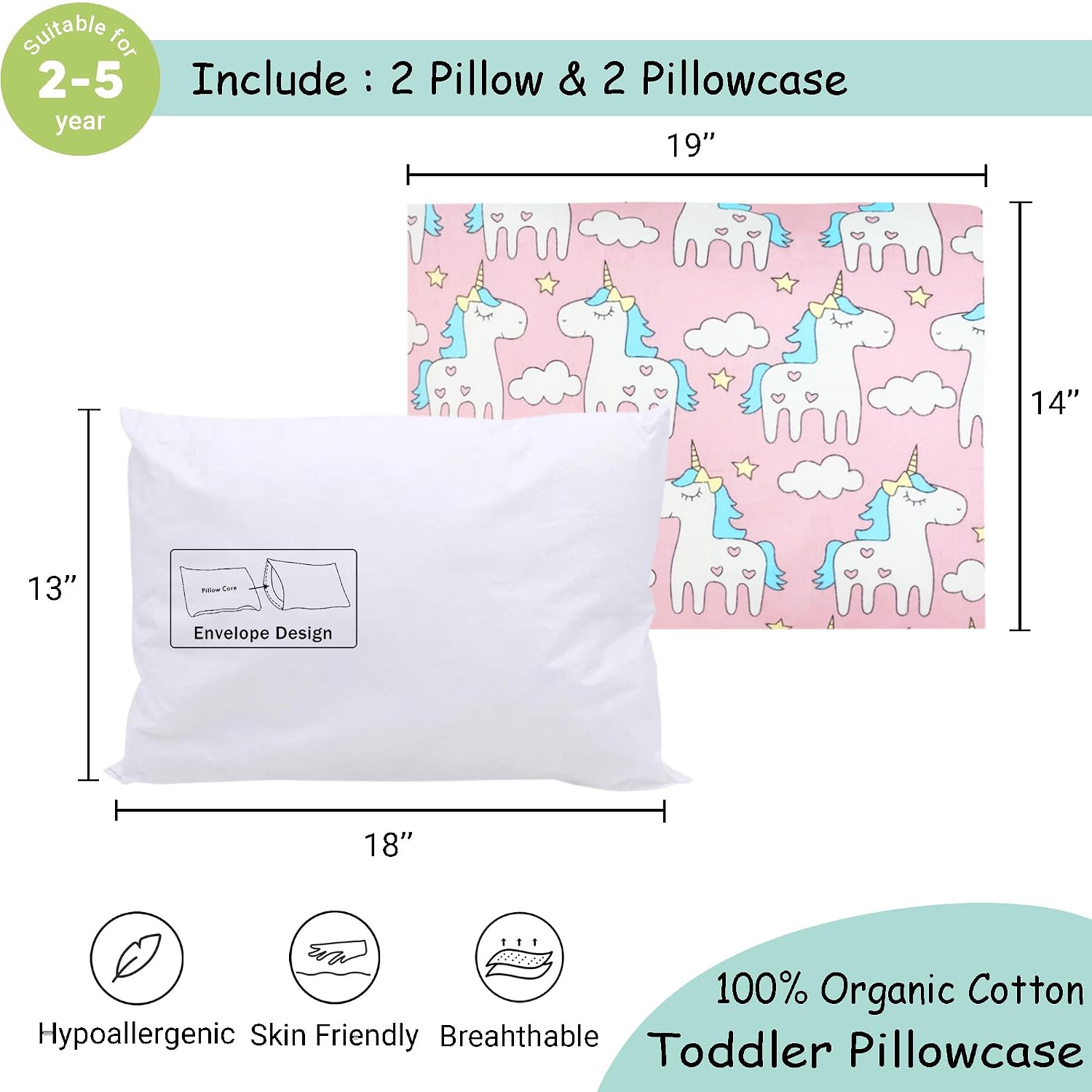 ZPECC Toddler Pillow with Pillowcase 2 Pack - 13x18 Organic Cotton Hypoallergenic Kids Pillow, Baby Essentials for Travel Crib Daycare Stroller (Intended for Age 2 and up) Pink Unicorn