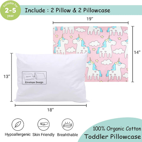 ZPECC Toddler Pillow with Pillowcase 2 Pack - 13x18 Organic Cotton Hypoallergenic Kids Pillow, Baby Essentials for Travel Crib Daycare Stroller (Intended for Age 2 and up) Pink Unicorn