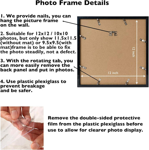 JCJMY 12x12 Picture Frame with Mat for 30 x 30cm Diamond Art Painting, Display Photo 10x10 or 12 x 12 Without Mat, Wall Hanging Large Frame with Plexiglass, Black
