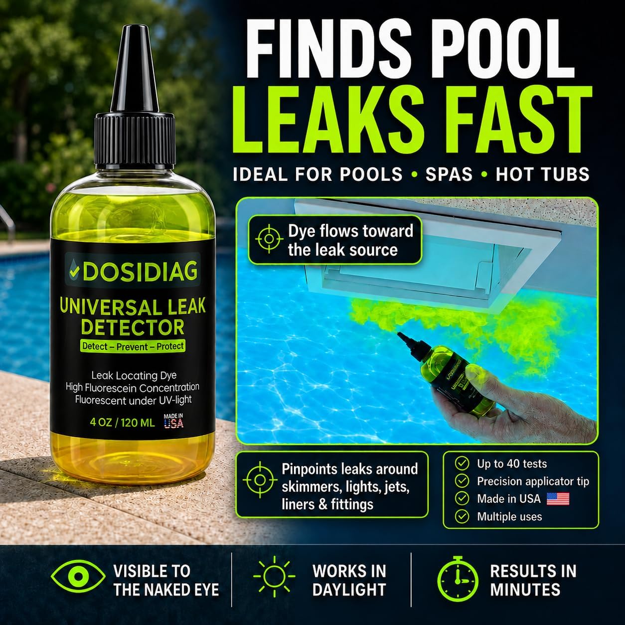 Pool Leak Detection Dye – 4 oz Fluorescent Tracer Dye for Pools, Spas, Plumbing, Roofs & Cars – UV Reactive – Made in USA