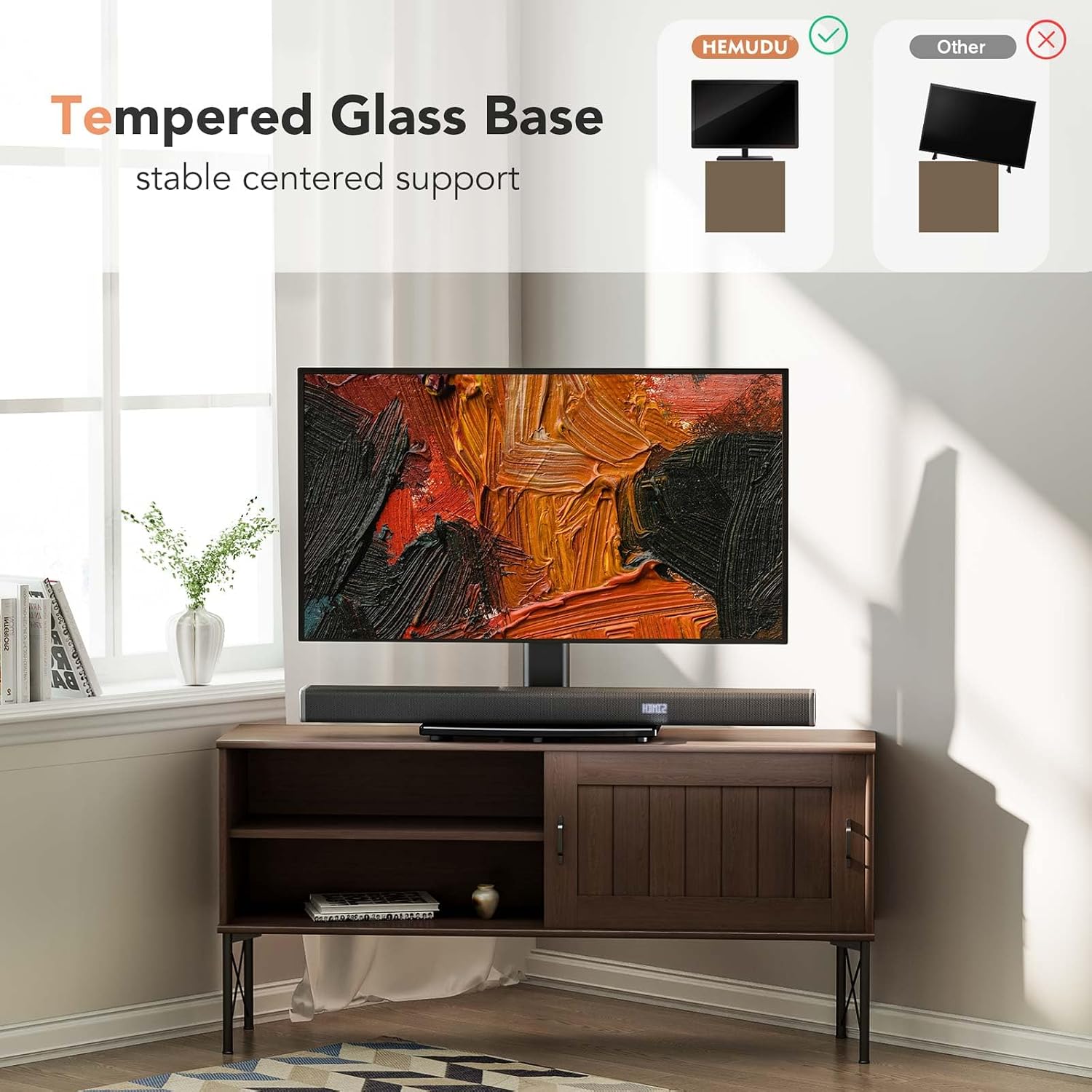 Hemudu Universal Swivel TV Stand/Base Table Top TV Stand for 21 to 50 inch TVs with 90 Degree Swivel, 4 Level Height Adjustable, Heavy Duty Tempered Glass Base, Holds up to 99lbs, HT02B-002