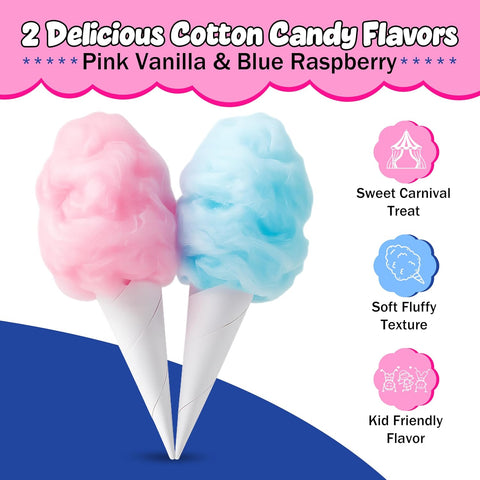 Perfectware 2 Pack Cotton Candy Floss Sugar with 100 Count Paper Cotton Candy Cones. Pink Vanilla and Blue Raspberry. (Two 3.25 lb Containers w/100 Cotton Candy Cones)