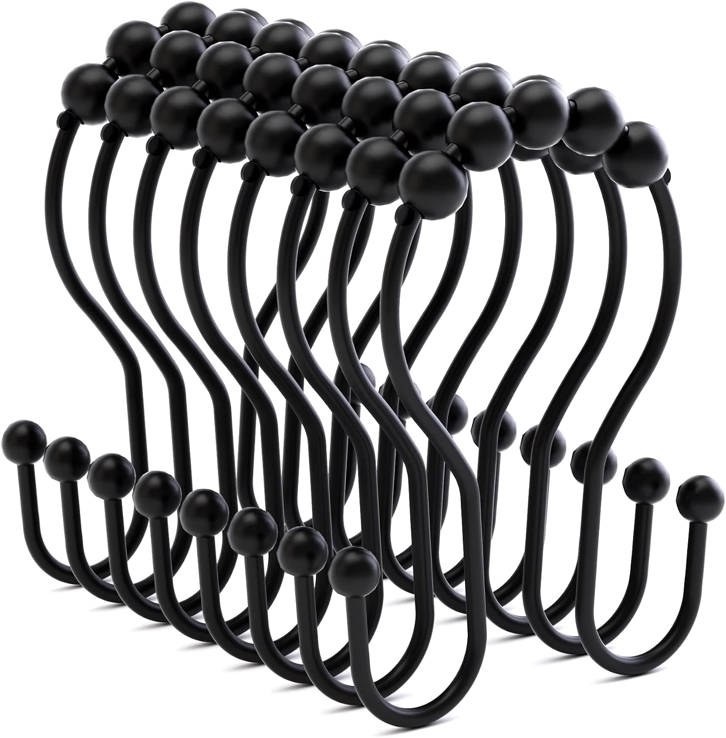Bathway Shower Curtain Hooks Shower Curtain Rings Black Shower Curtain Hooks RustProof Smooth Metal Double Shower Curtain Hook, Shower Hooks for Shower Curtain Liner Bathroom Shower Rod Hook
