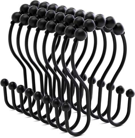 Bathway Shower Curtain Hooks Shower Curtain Rings Black Shower Curtain Hooks RustProof Smooth Metal Double Shower Curtain Hook, Shower Hooks for Shower Curtain Liner Bathroom Shower Rod Hook