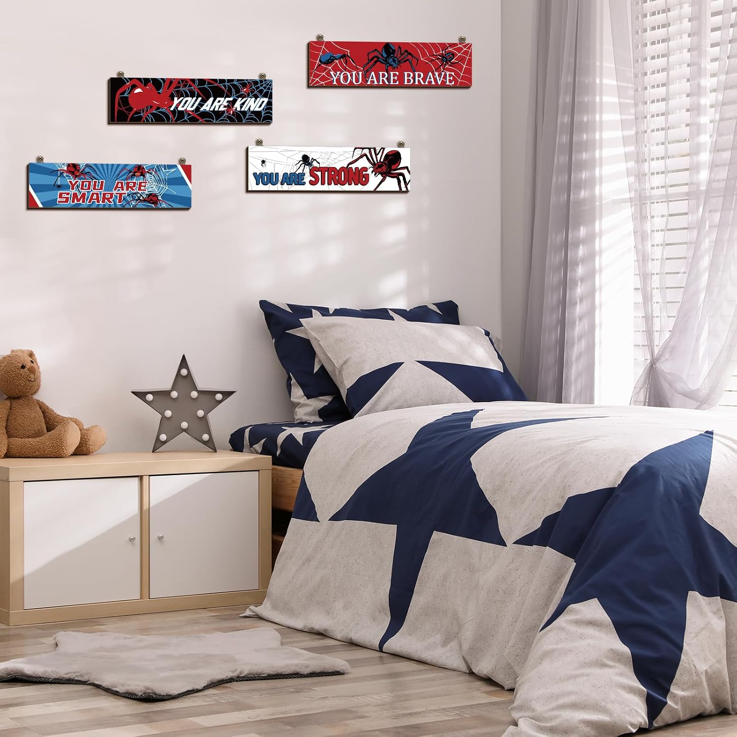 Geetery 4 Pcs Spider Room Decor Bedroom Boys Wall Decor Wooden Decoration