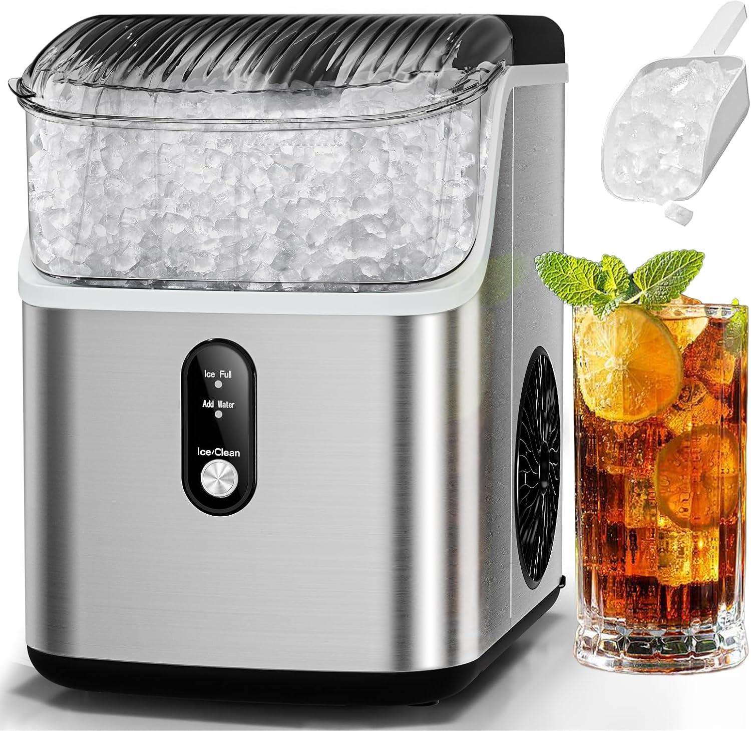 Antarctic Star Nugget Ice Makers Countertop, Portable Ice Maker Machine with Self-Cleaning, 35lbs/24H, Crushed Ice Machine with Handle & Scoop for Home, Kitchen, Office and Camping(Stainless Steel)