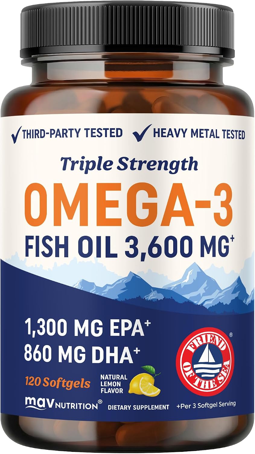 Triple Strength Omega 3 Fish Oil 3600 mg, EPA & DHA, Over 2100mg Omega-3