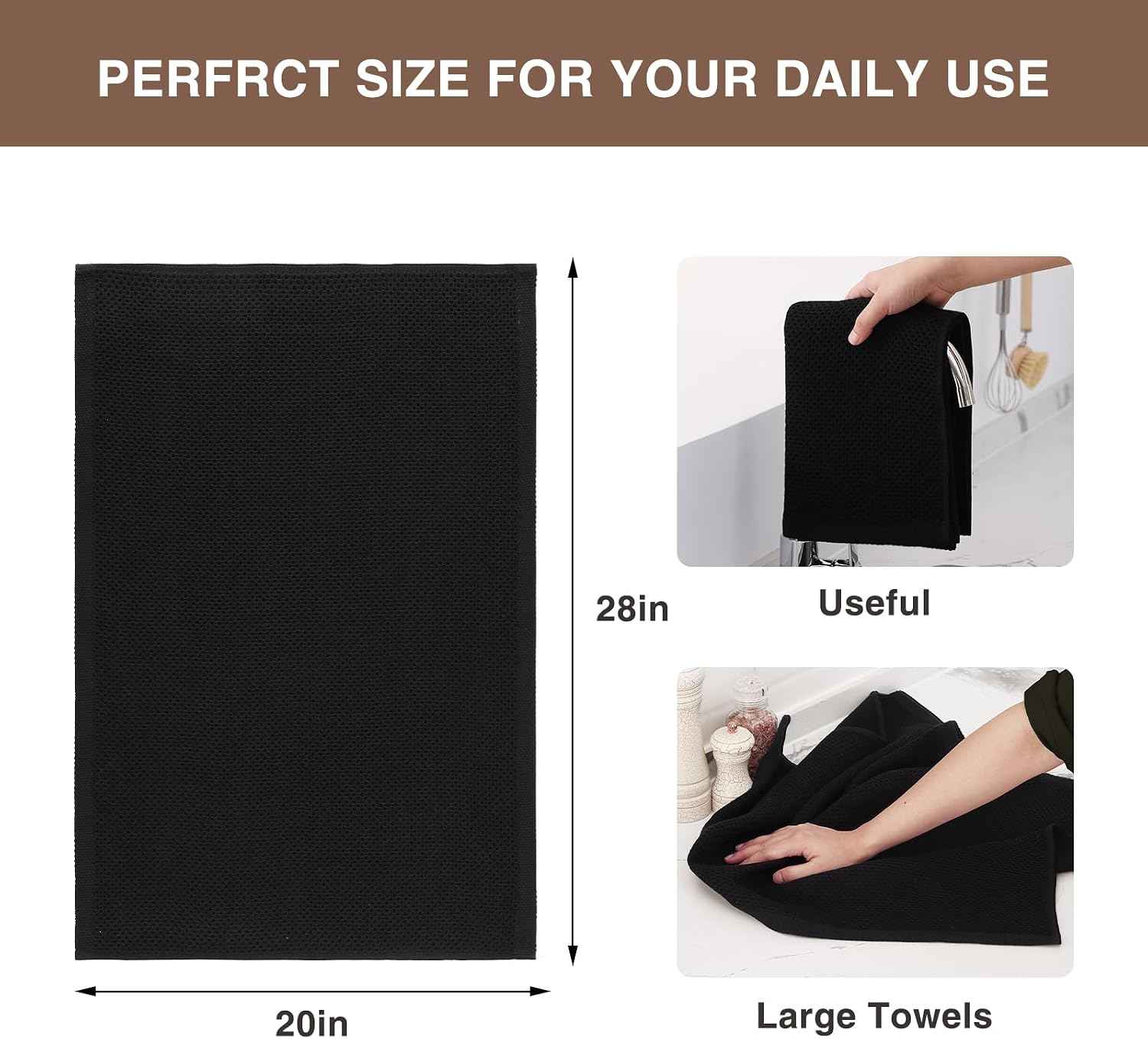 Homaxy 100% Cotton Oversized Waffle Weave Kitchen Towels 6-Pack, Black