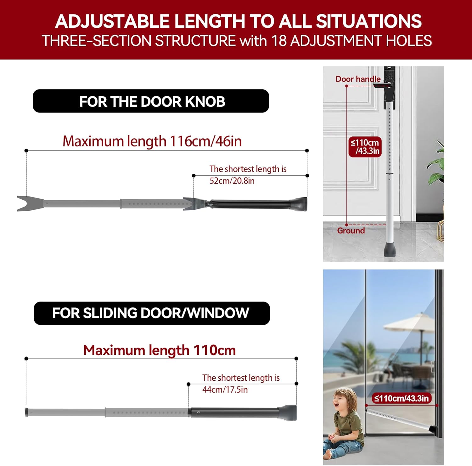 AceMining Door Security Bar, Patio Door Lock, 20-50 in